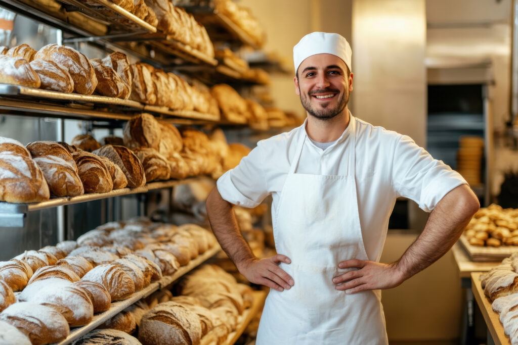 Baker proudly showcasing fresh bread in a busy bakery environment