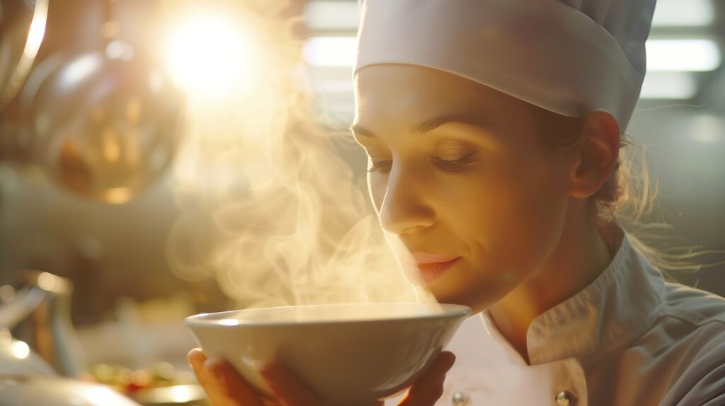 Cheerful gourmet chef smelling food aroma from bowl on camera enjoying professional meal cooked Professional female cook savoring tasty food flavor and scent in studio Catering service : Generative AI